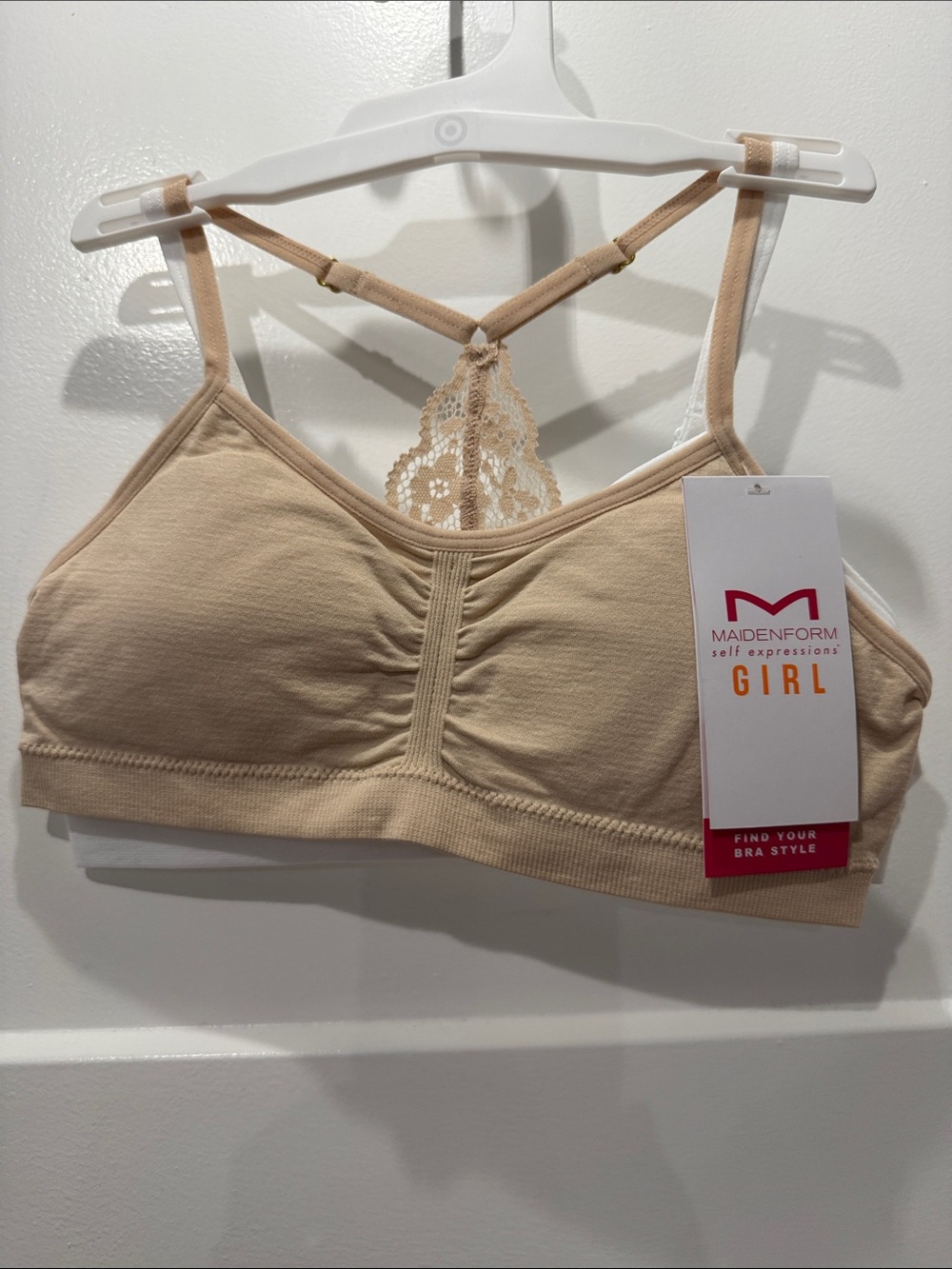 NWT Maidenform Girl 2 Bralettes Light Beige Lace-Back & White Size Large